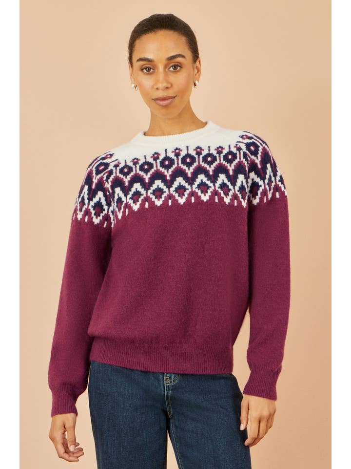 Yumi Burgundy Fair isle Relaxed Fit Knitted Jumper for wholesale on Faire2