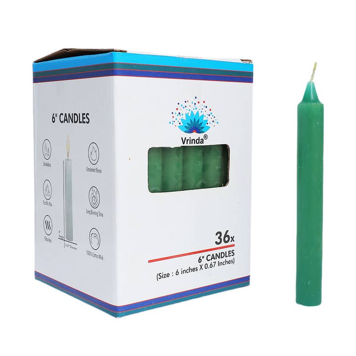 6" Taper Candles (36 in a pack) Green for wholesale by Vrinda