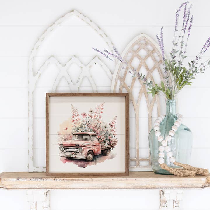 Kendrick Home - Wholesale Art Print - Pink Truck With Flat Box Flowers