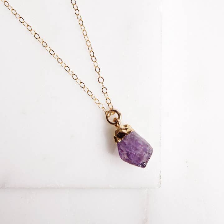 Amethyst Gemstone Raw Gold Pendant Necklace for wholesale by Soul & Little Rose