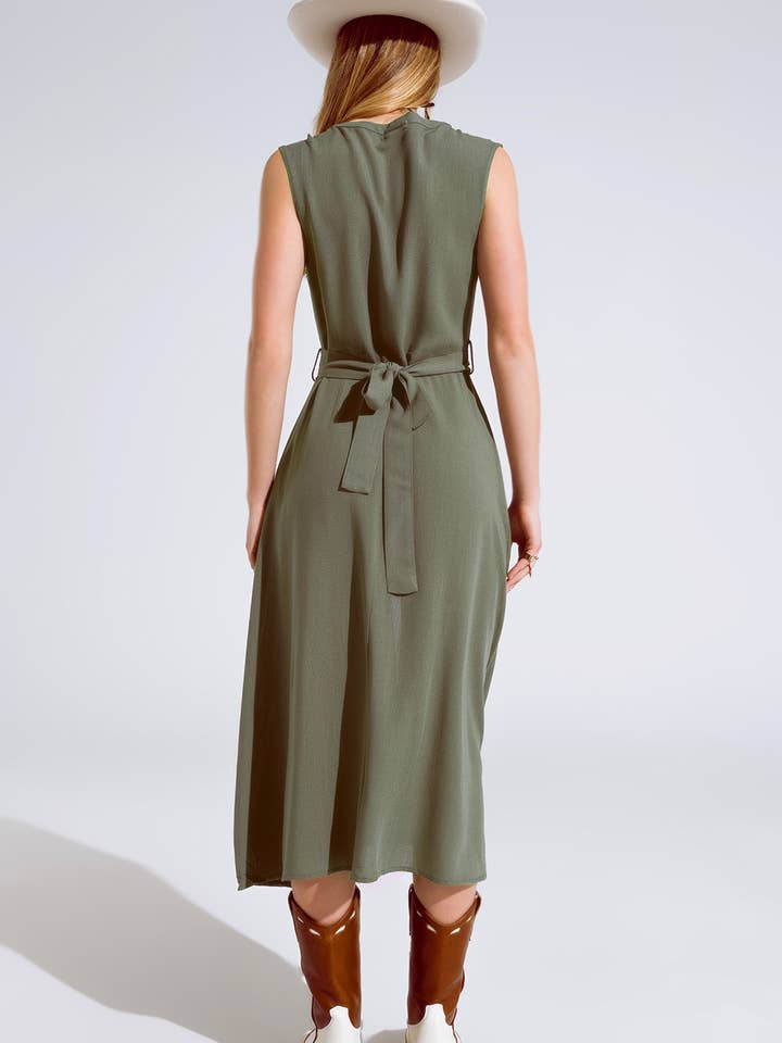 Green Maxi dress in khaki with ruffle and button detail for wholesale on Faire2
