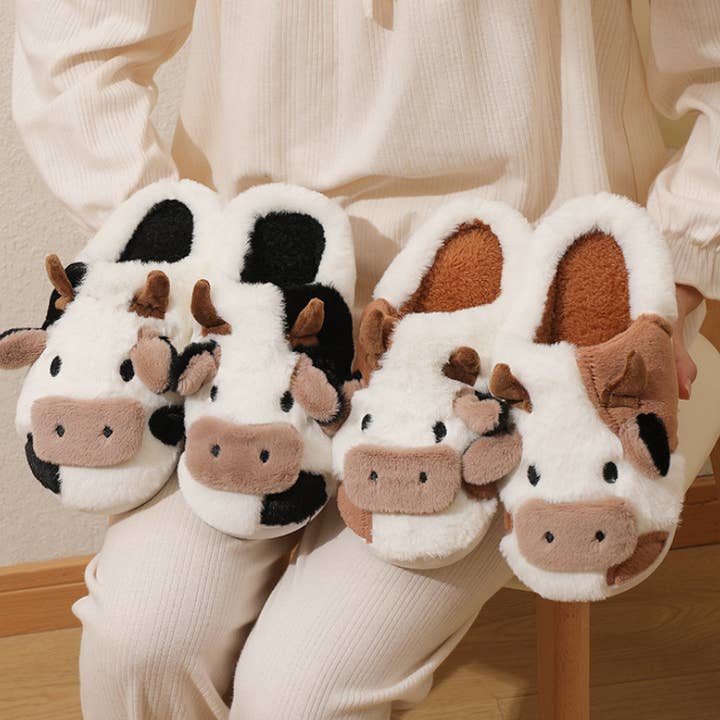Comely Fashion - Vente Chaussons – femme - Pantoufles en peluche douces pour la maison à motif de vache western3