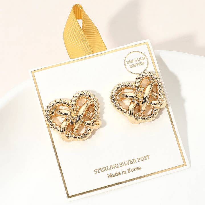 18K Gold Dipped Twisted Knot Heart Earrings for wholesale by Sensibling Corp.