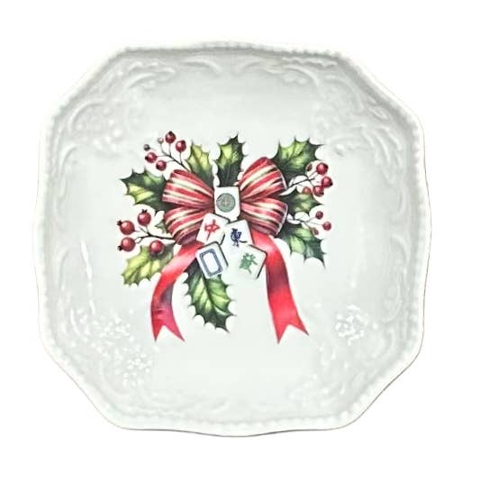 Vacanze di Natale Mahjong Agrifoglio con Fiocco Rosso, Vassoio di Bon Bon per la vendita all'ingrosso da parte di The French Bee & Co