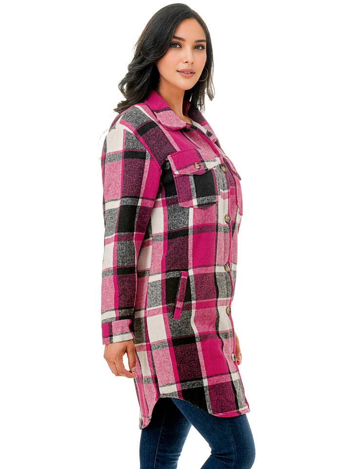 Color 5 - Vendita all'ingrosso Giacca a camicia - Donna - Giacca lunga in flanella scozzese rosa bianca con tasche4