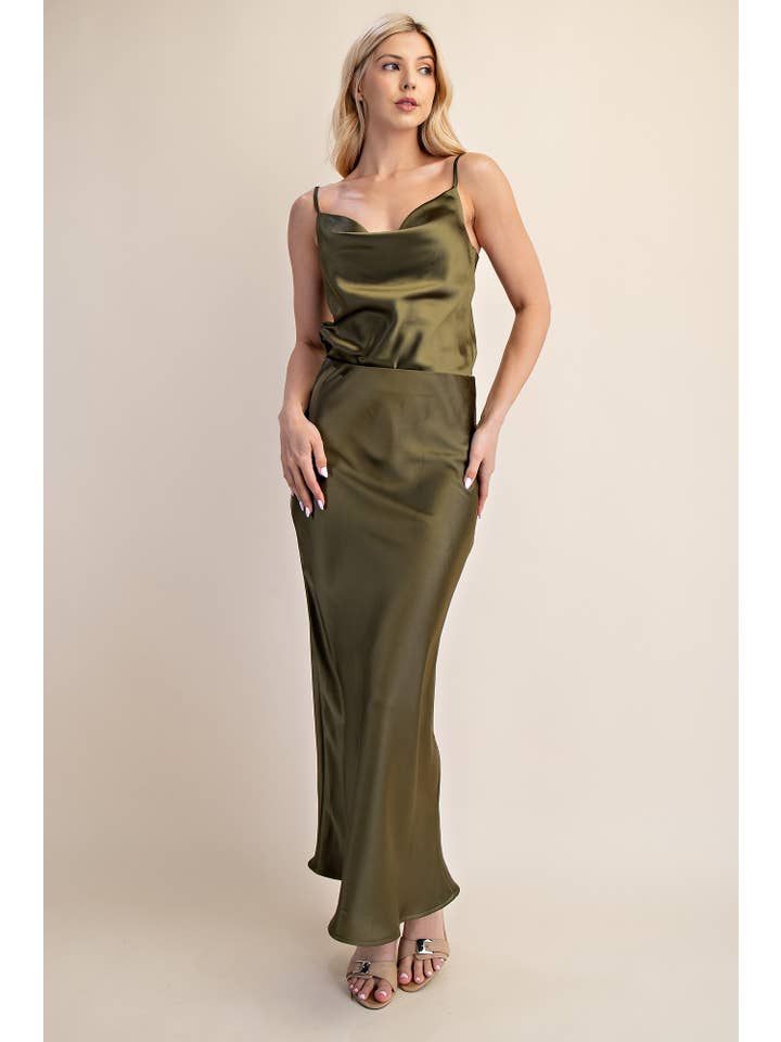 Glam - Wholesale Skirt - Women's - Waist Elastic Band Midi Satin Skirt18