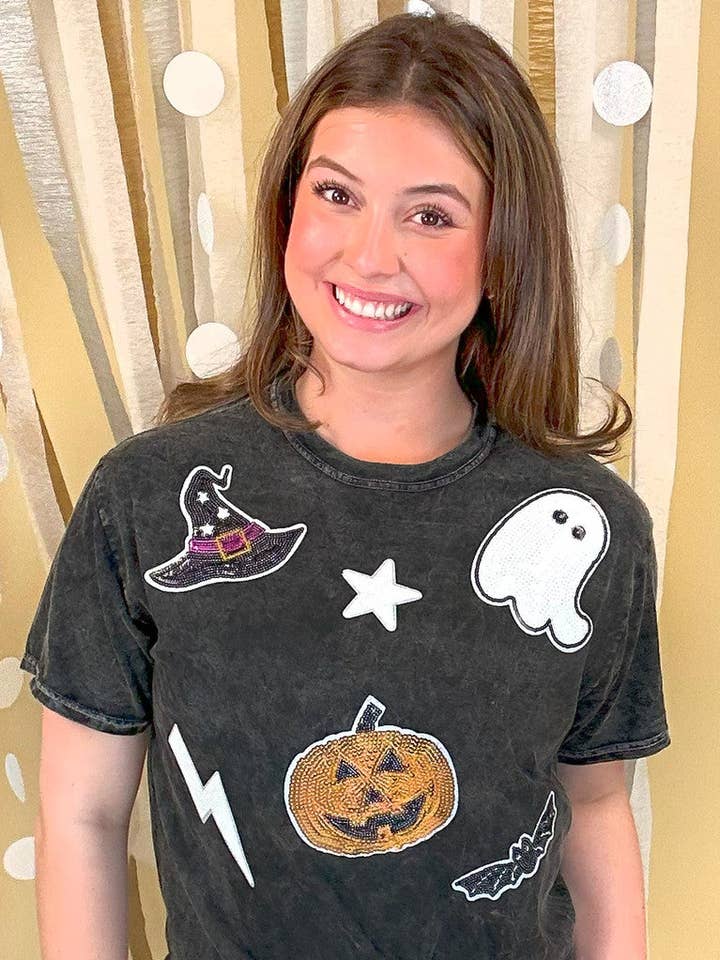 Halloween Things Sequin Mineral Washed T-Shirt for wholesale by Sugar Stitch