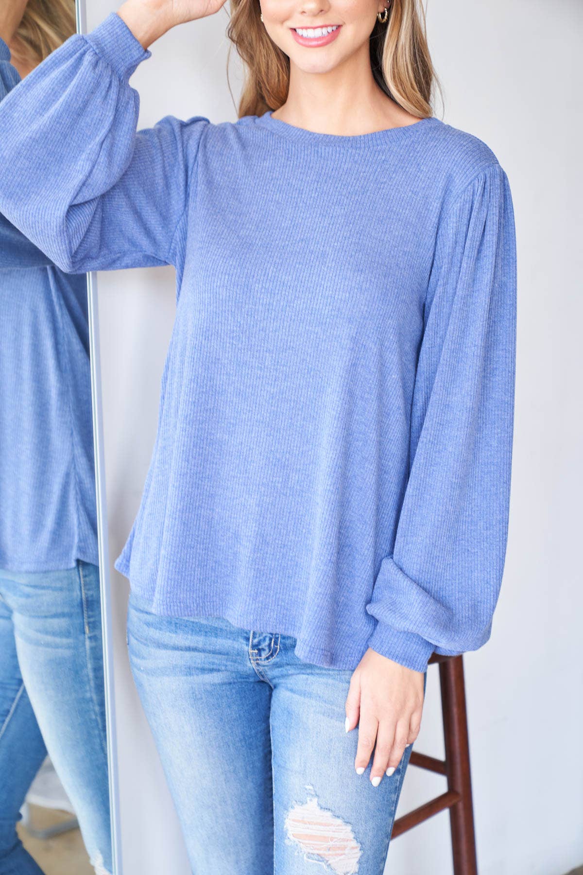 Navy PPT20533-NV-PUFF SLEEVE ROUND NECK BELLA RIB TOP for wholesale on Faire5