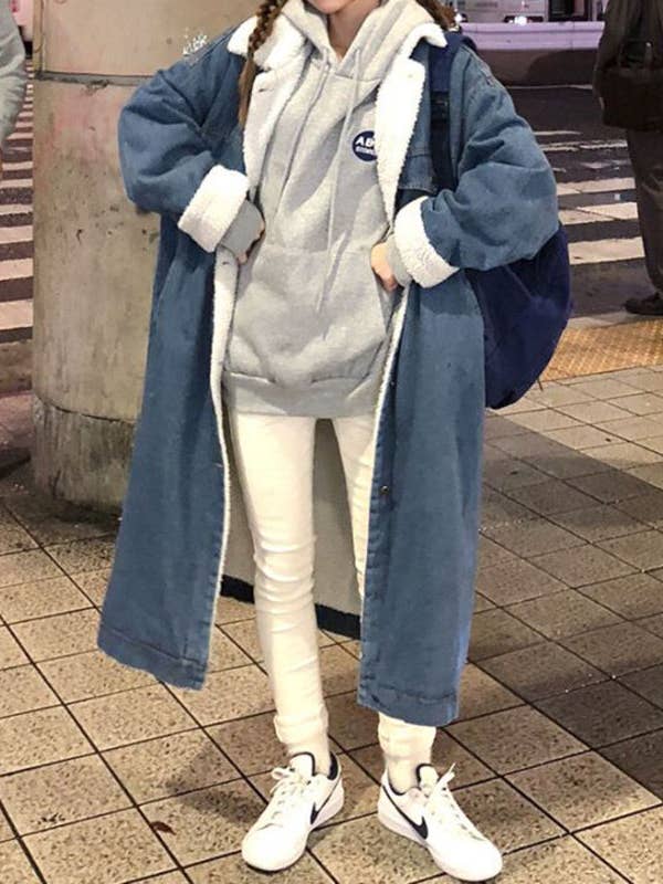 Longline Denim Sherpa Coat for wholesale by Jiawaknitart