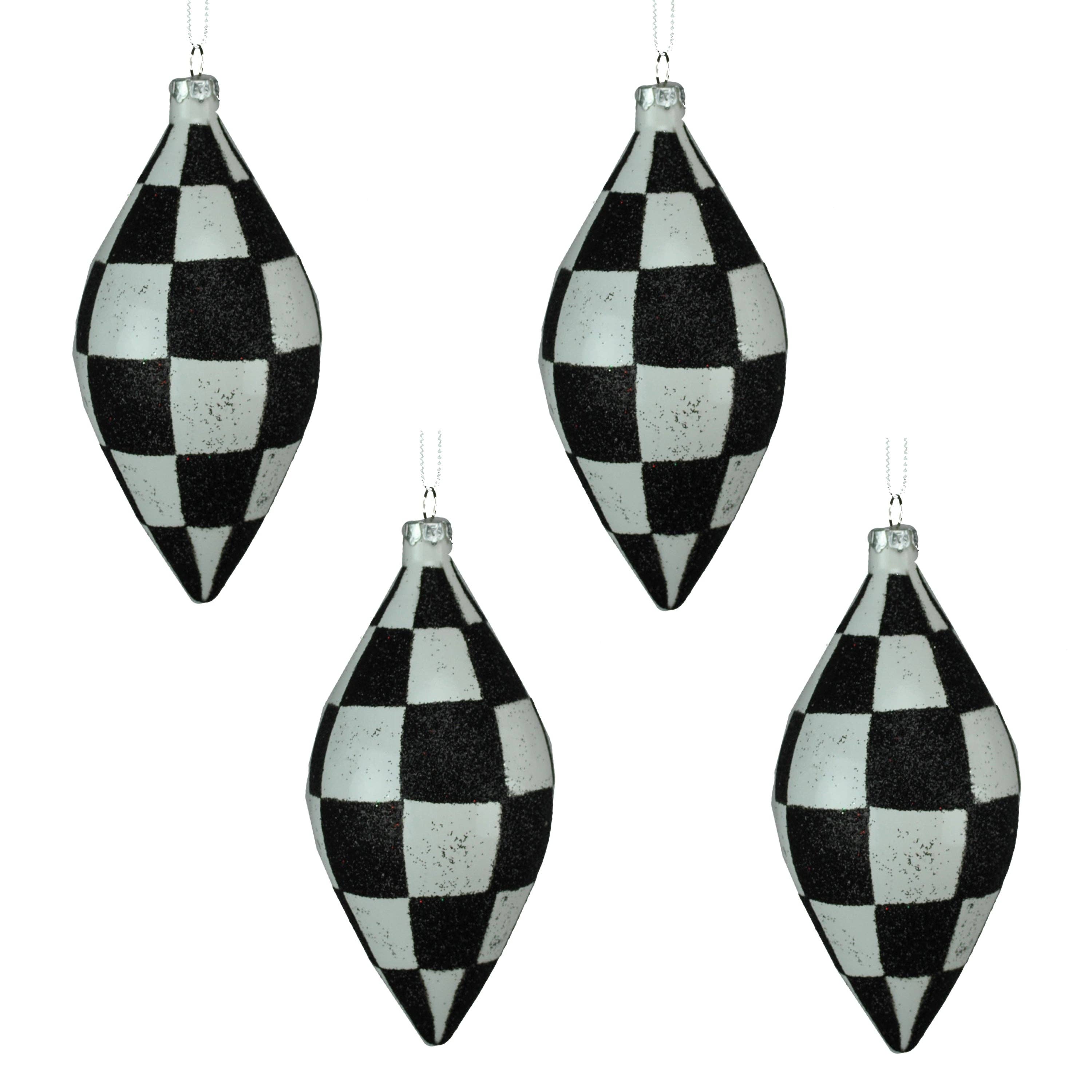 Winterland Inc. - Wholesale Ornament Set - 4 Pack of Black and White Checkered Teardrop Ornaments with Glitter Enhancements0