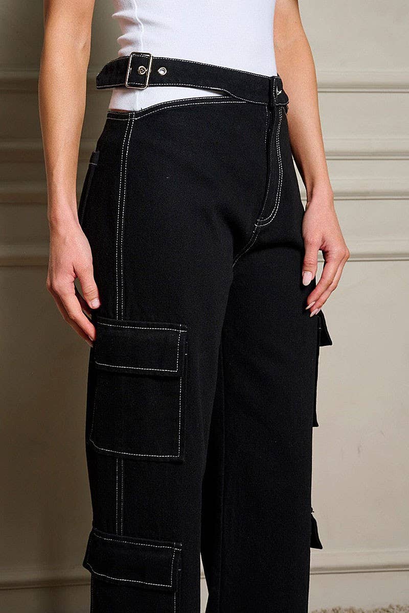 Black BUTTON CLOSURE CARGO POCKETS DENIM PANTS for wholesale on Faire3