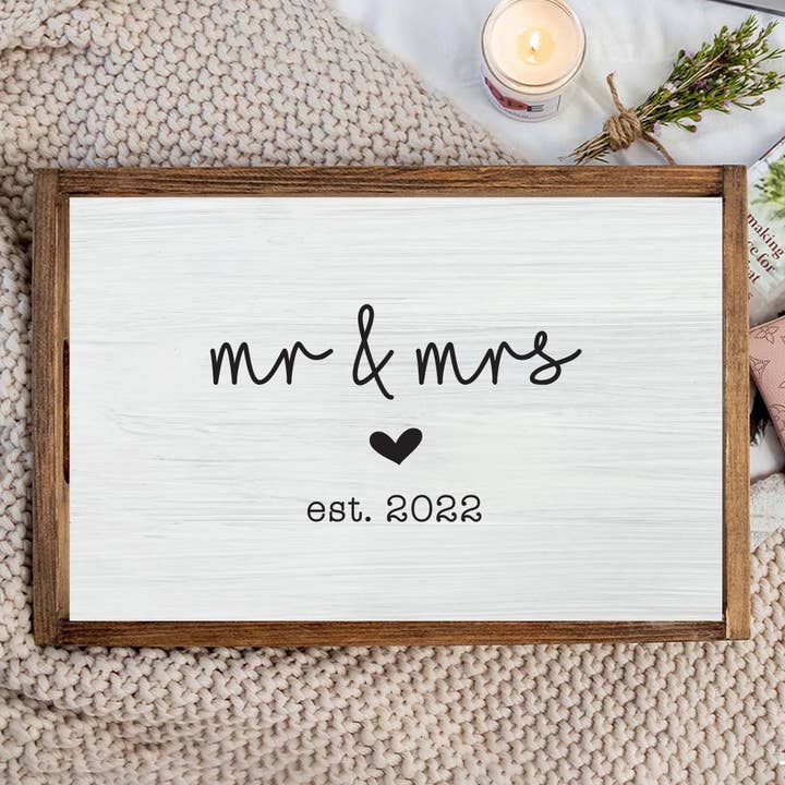 Personalized Wedding Est Year Wooden Serving Tray for wholesale by Rustic Marlin Personalized Home Decor