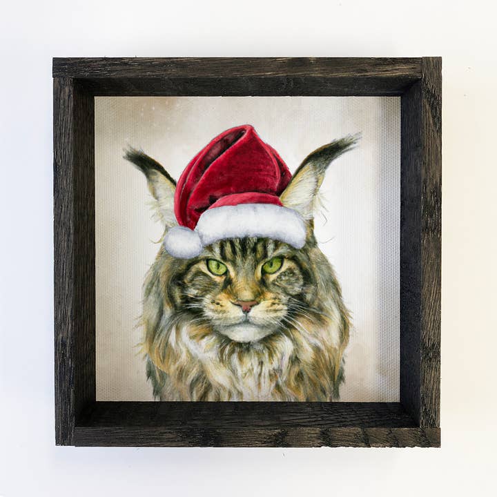 Panneau en toile « Chat au chapeau de père Noël » Maine Coone pour la vente par Hangout Home