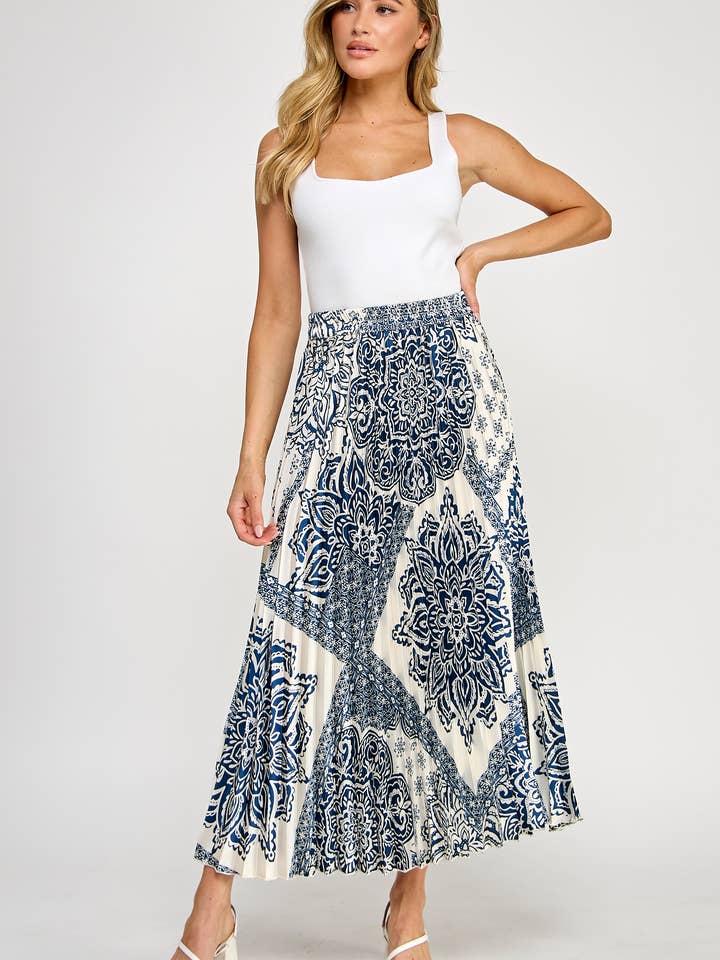 Ellison - Wholesale Skirt - Women's - TS-10222-6 PRINTED PLEATED MIDI SKIRT IVORY/BLUE