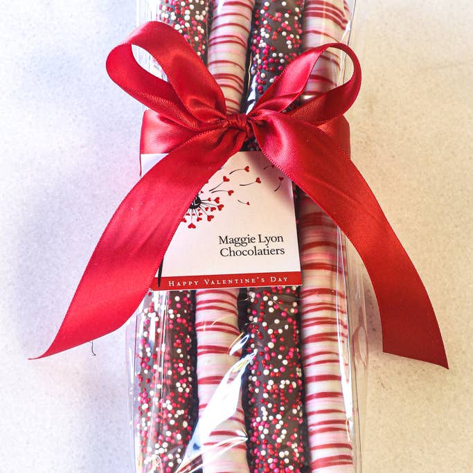 Valentine's 8pc Milk & White Chocolate Covered Pretzel Rods for wholesale by Maggie Lyon Chocolatiers