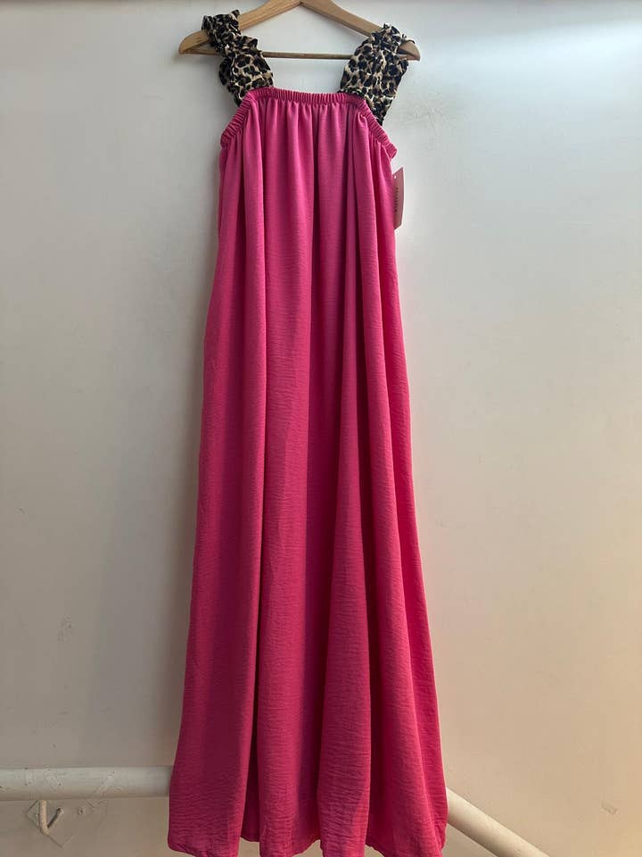 Vestido largo liso de tirantes con detalles de leopardo para venta al por mayor de LORIANE