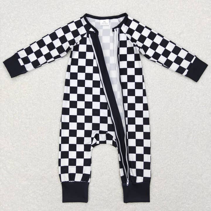 Aier Wholesale - Wholesale Sleepsuit - Baby - Baby Infant Kids Black Checkered Long Sleeve Zip Sleepers Ro1