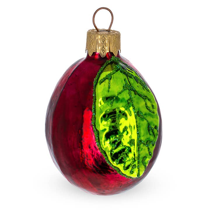 Red Plum with Green Leaf Glass Ornament for wholesale by BestPysanky