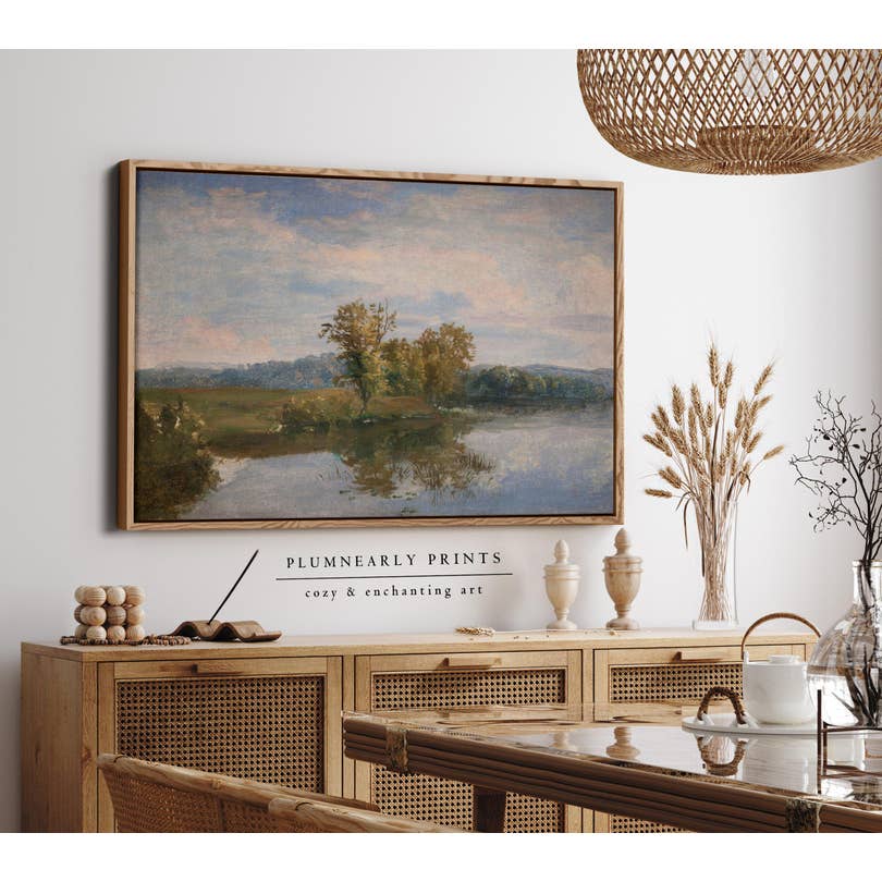 Plumnearly Prints - Wholesale Canvas Art - Sage Green Blue Lake Landscape Painting Framed Canvas Art 5