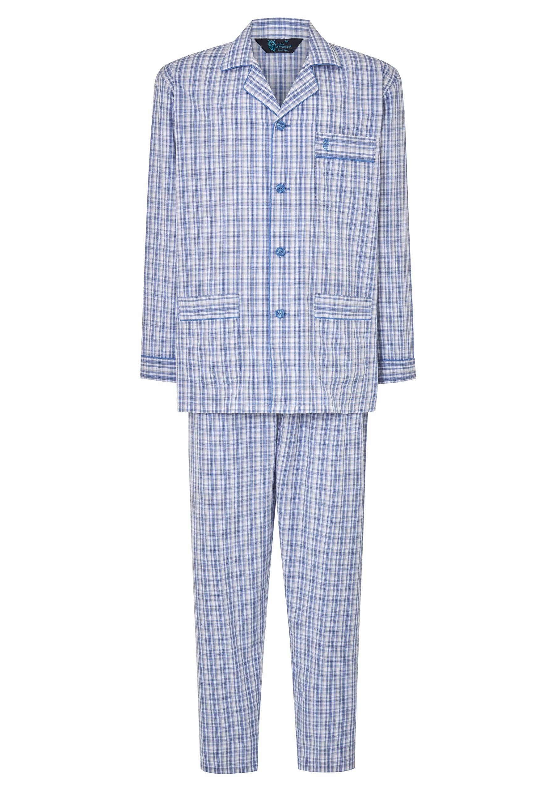 Men's Checkered Poplin Lapel Long Pajamas - Blue 2982 for wholesale on Faire