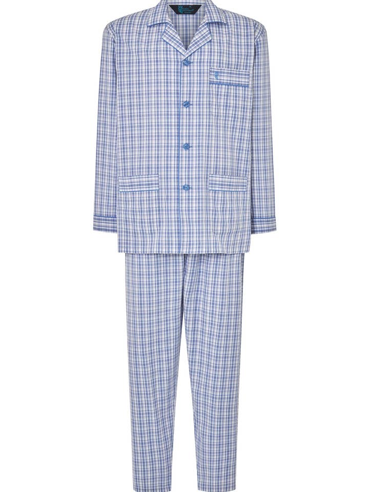 Men's Checkered Poplin Lapel Long Pajamas - Blue 2982 for wholesale on Faire0