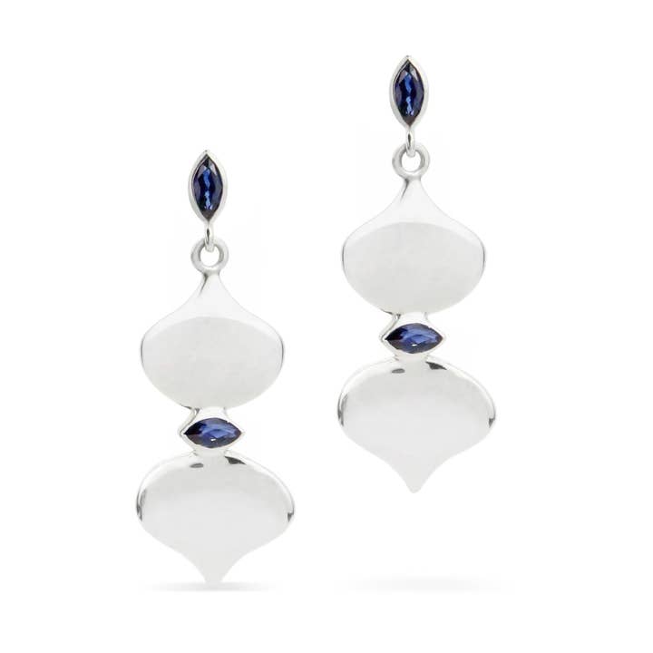 Silver Two Drop Blue Sapphire Earrings for wholesale by MezzeJewelry