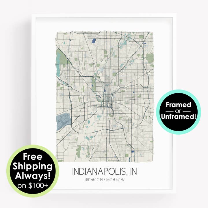 Indianapolis Indiana Map - Watercolor Map Print - 4 colors for wholesale by Sparks House Co.