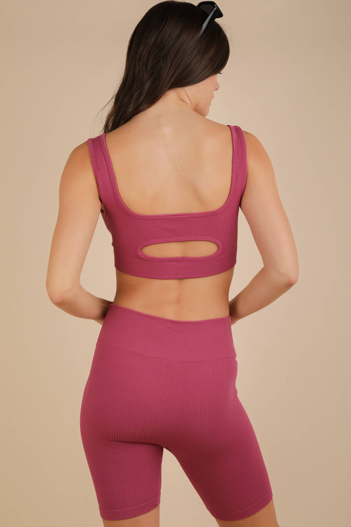 VERY J - Wholesale Activewear Set - Women's - NT12145SET-Ribbed Knit Activewear Top & Shorts Set3