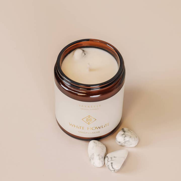 JaxKelly Candles - Wholesale Jar/Filled Candle - 9oz Amber Crystal Candles - White Howlite - Mindfulness1