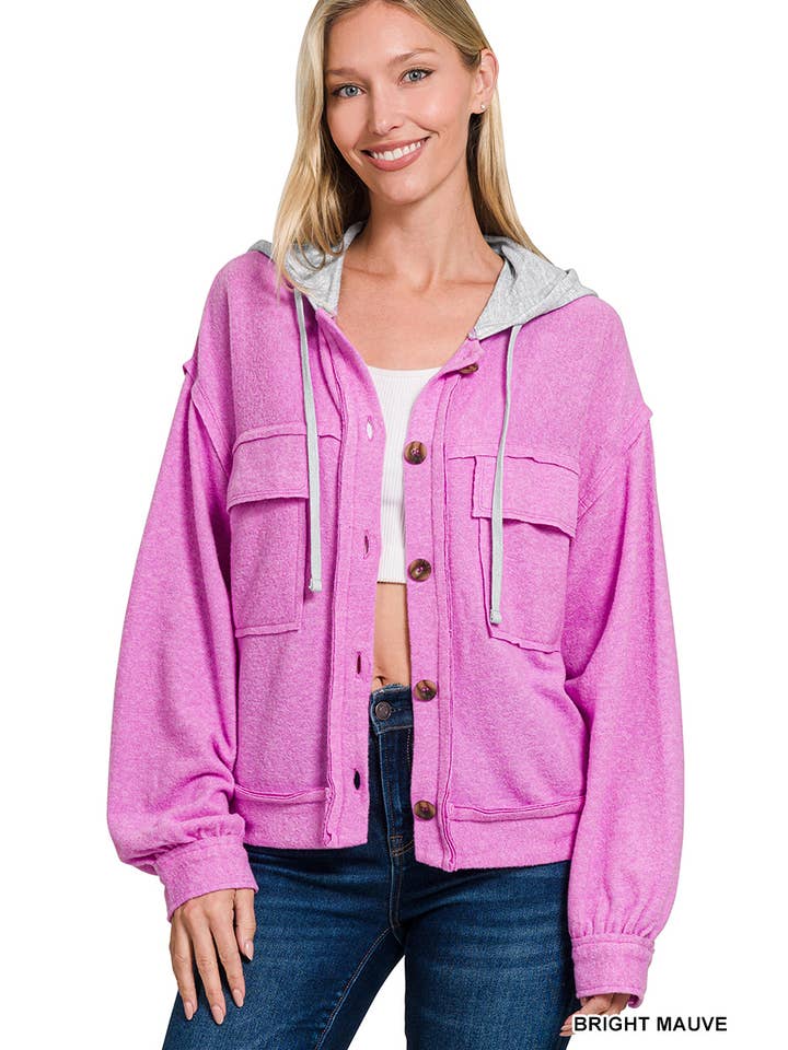 42POPS - Wholesale Shirt Jacket/Shacket - Women's - ...SI-27169 Brushed Hacci Hooded Button Down Shacket