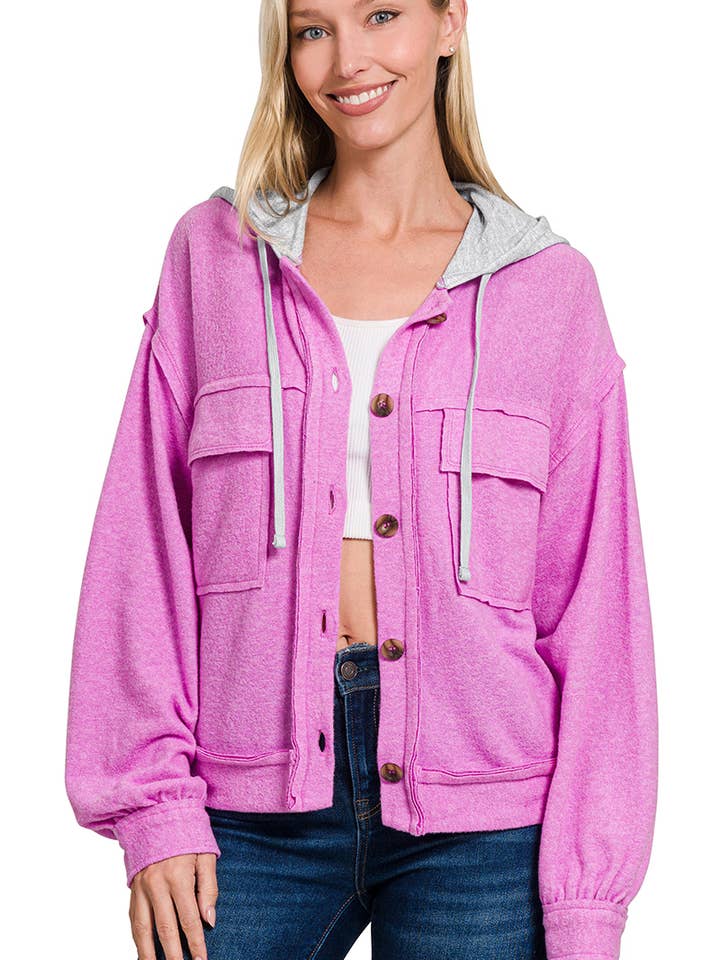 ...SI-27169 Brushed Hacci Hooded Button Down Shacket for wholesale by 42POPS