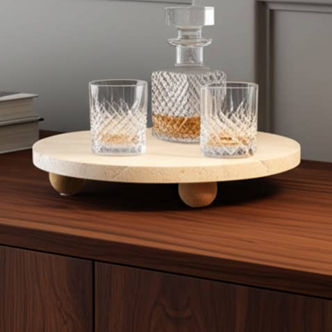 Tan 10 in. Travertine Rectangular Tray with Wood Ball Feet for wholesale by Sagebrook Home