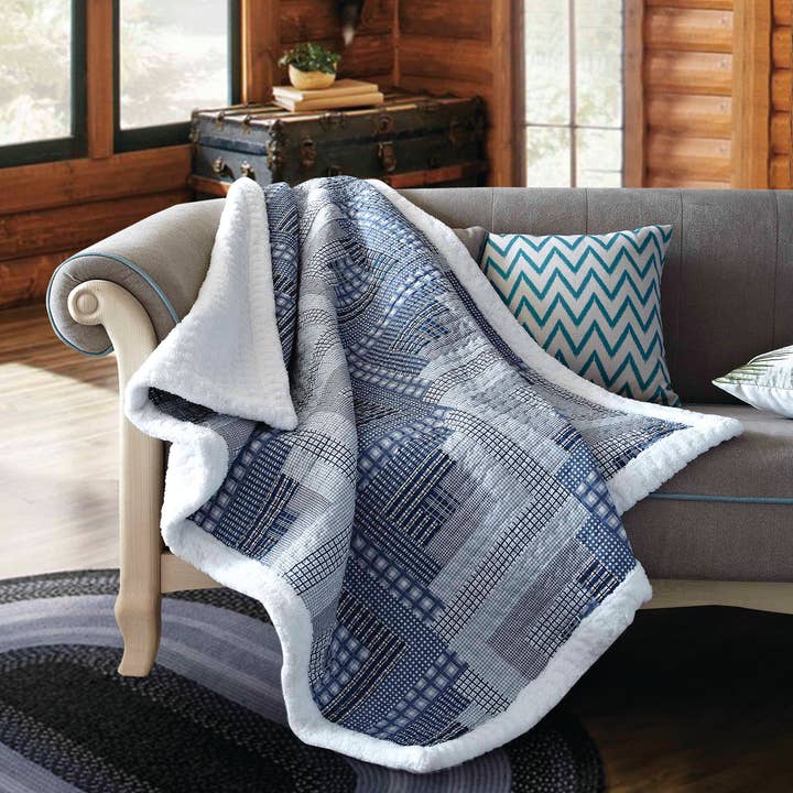 "Montana Cabin Blue/Grey" Quilted Sherpa Throw 50"x60" for wholesale by Duke Imports