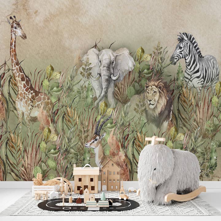 Fresque Murale d'Animaux de Safari, Fresque Jungle Autocollante pour la vente par SimurgWallArts