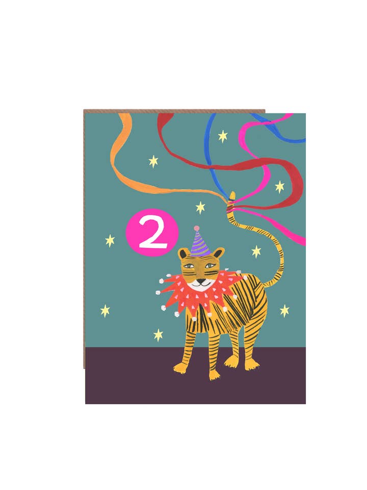 'Party Tiger' verjaardagskaart voor kinderen van 2 jaar voor wholesale door Hutch Cassidy (Greetings Cards and Paper Goods)