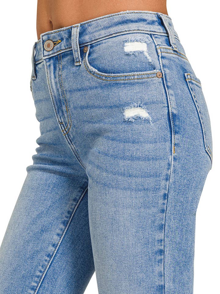 "._ Medium Washed Kick Crop Flare Denim Pants for wholesale on Faire3