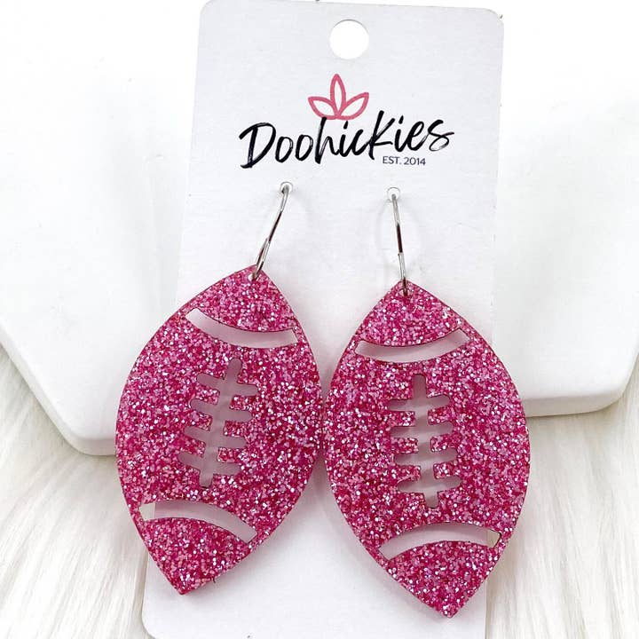 1.5" Pink Out Football Acrylic Dangles - Breast Cancer Awareness Earrings for wholesale by Doohickies