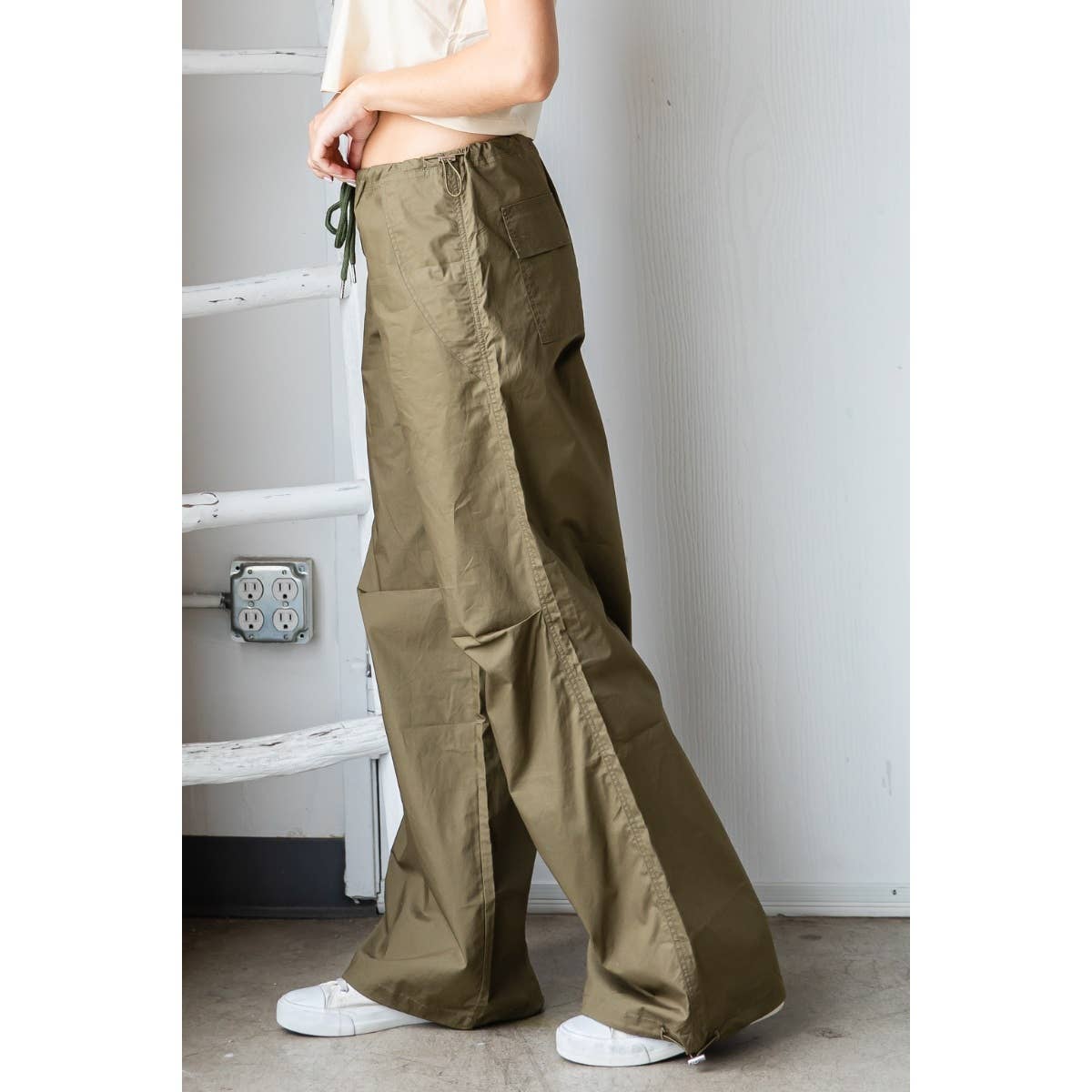 Olive Wide Fit Drawstring Parachute Pants for wholesale on Faire1