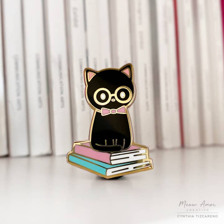 Black Cat Book Enamel Pin for wholesale by Meow Amor Creative