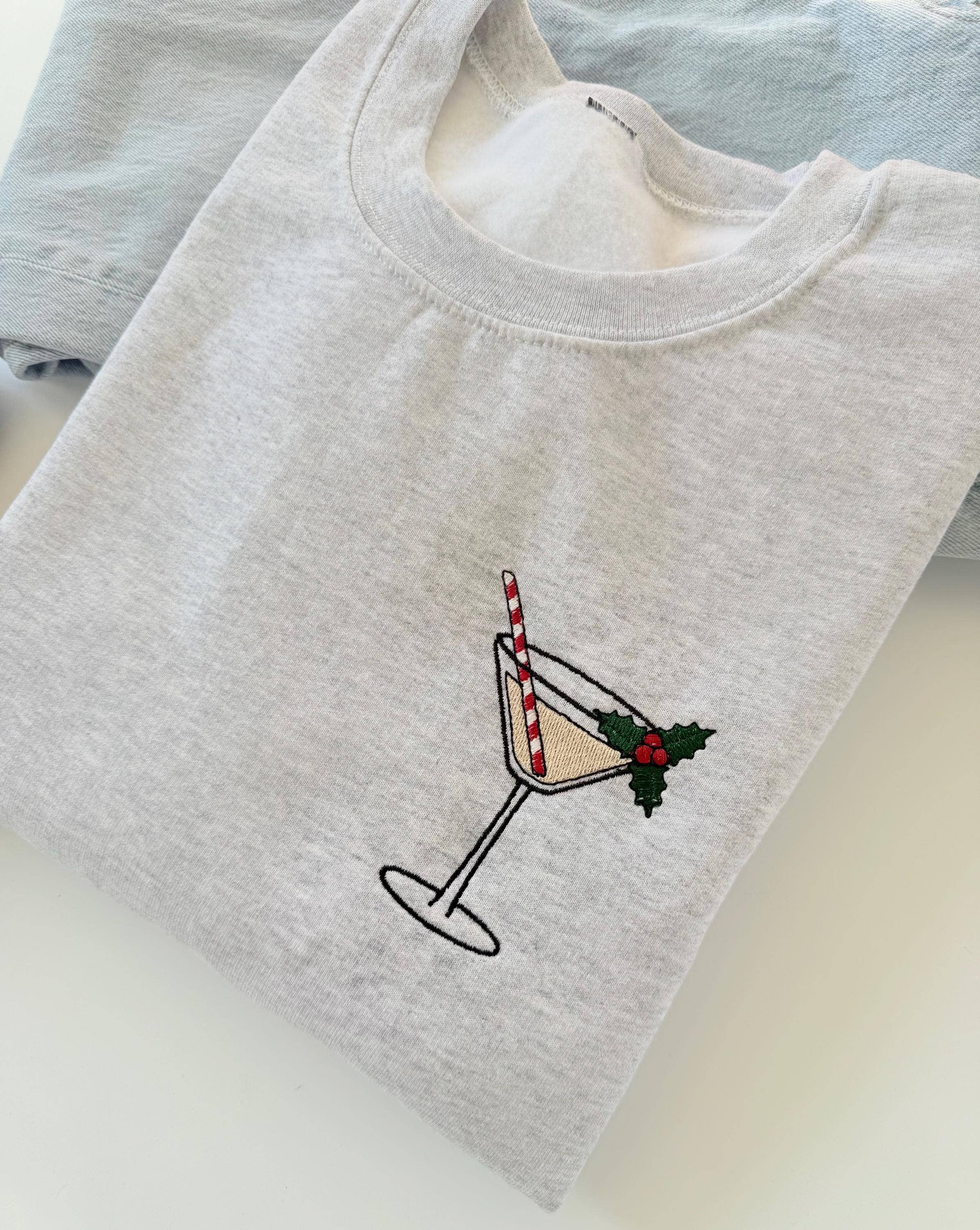 Up2ournecksinfabric - Wholesale Sweatshirt - Women's - Christmas Martini Sweatshirt, Embroidered Christmas Cocktail Crewneck, Martini Lover Sweatshirt, Christmas Gift for Her