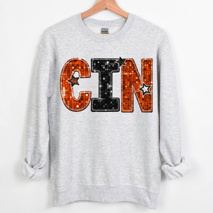 Cincinnati Faux Sequin Sweatshirt for wholesale by Farmtown Printing Company