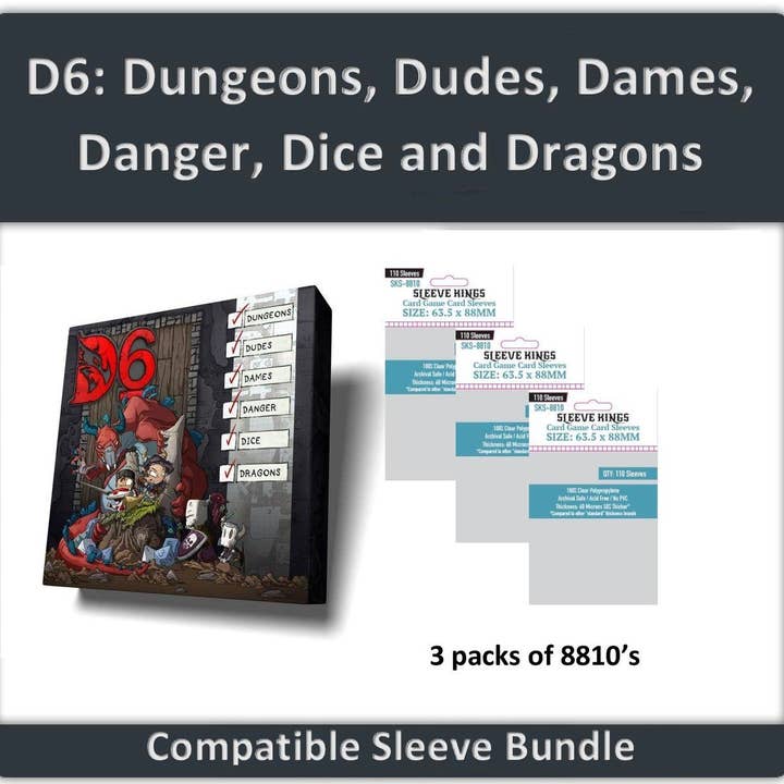"D6:Dungeons Dudes Dames Danger Dice Dragons!" Sleeve Bundle for wholesale by Mayday Games