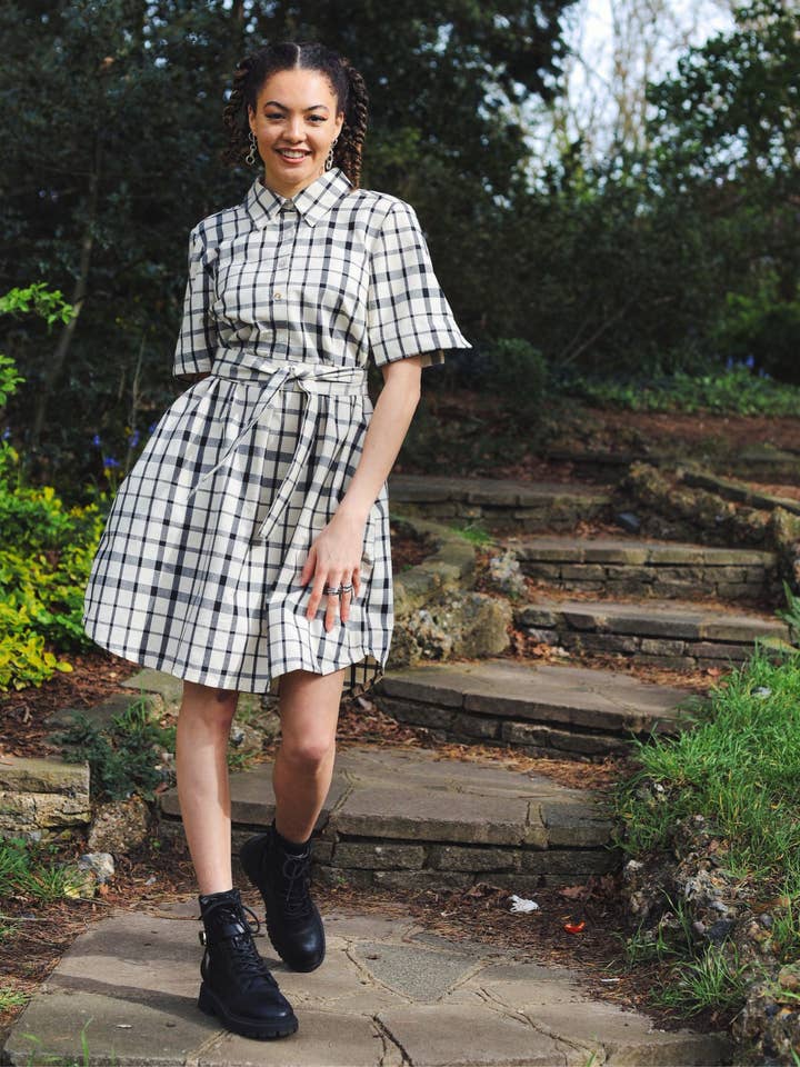 Black And Ivory Checked Shirt Dress for wholesale by Jenerous