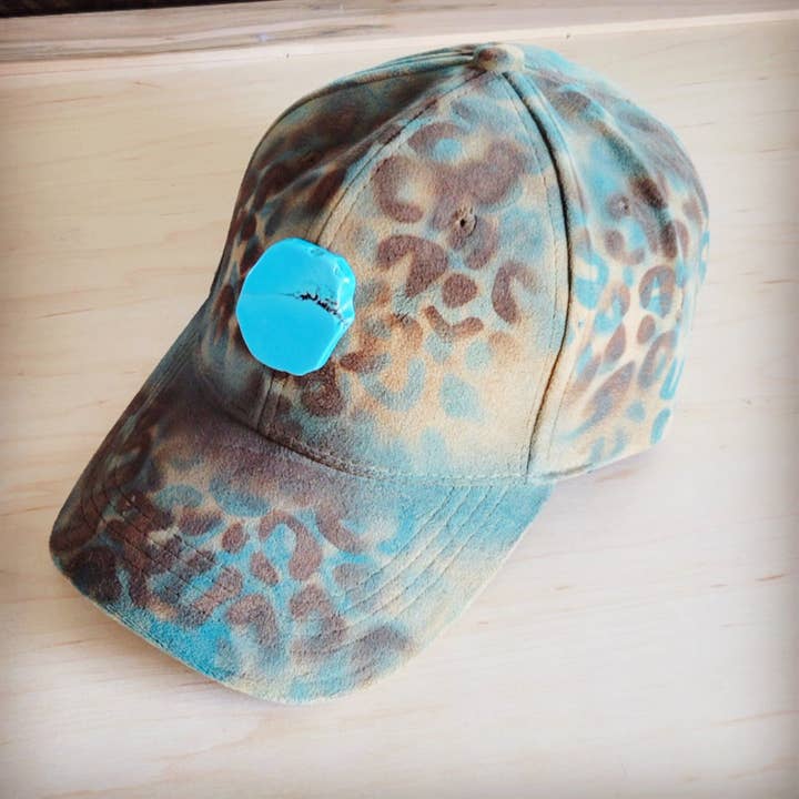 Hand-Painted Leopard Suede Baseball Cap Tan & Turq 986p for wholesale by The Jewelry Junkie