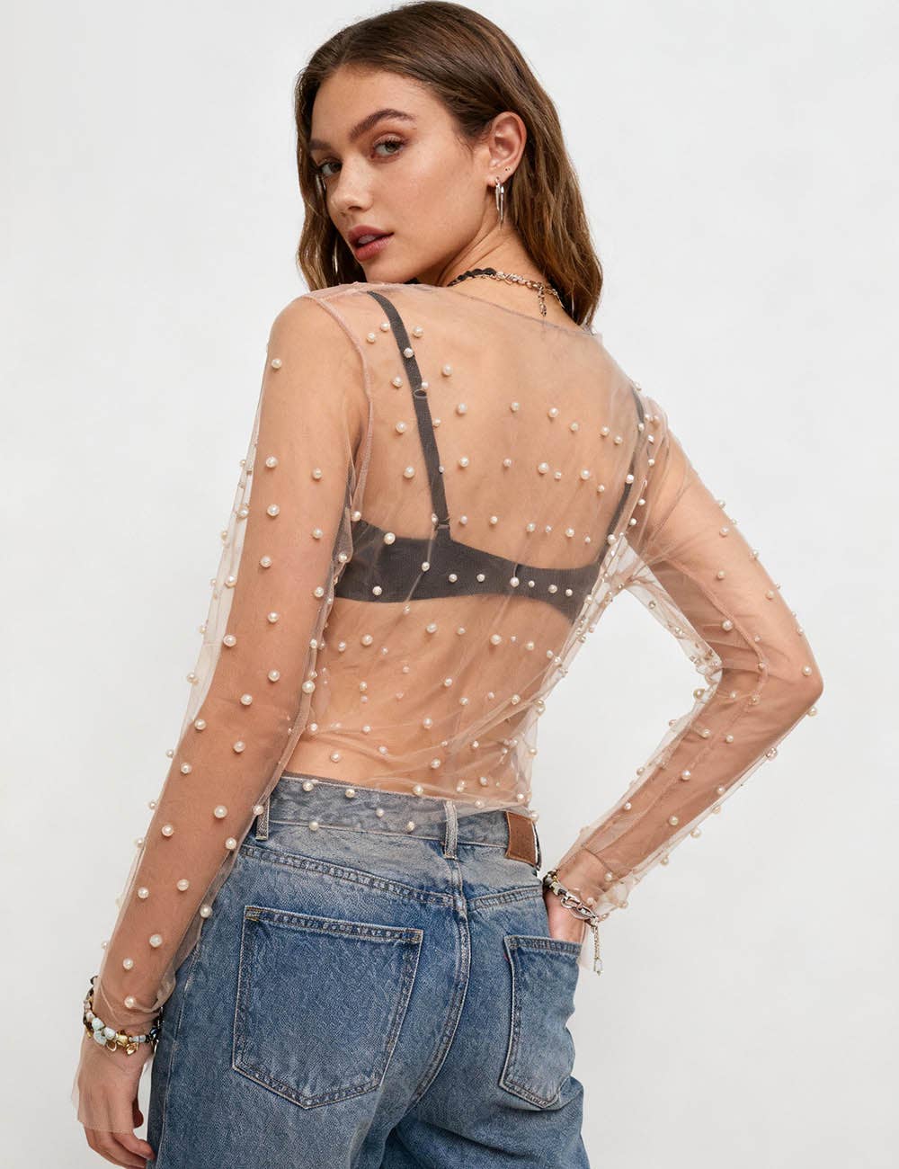 Sweetkama - Wholesale Blouse - Women's - Sparkle Pearl Studded Sheer Mesh See Through Top SKT210699