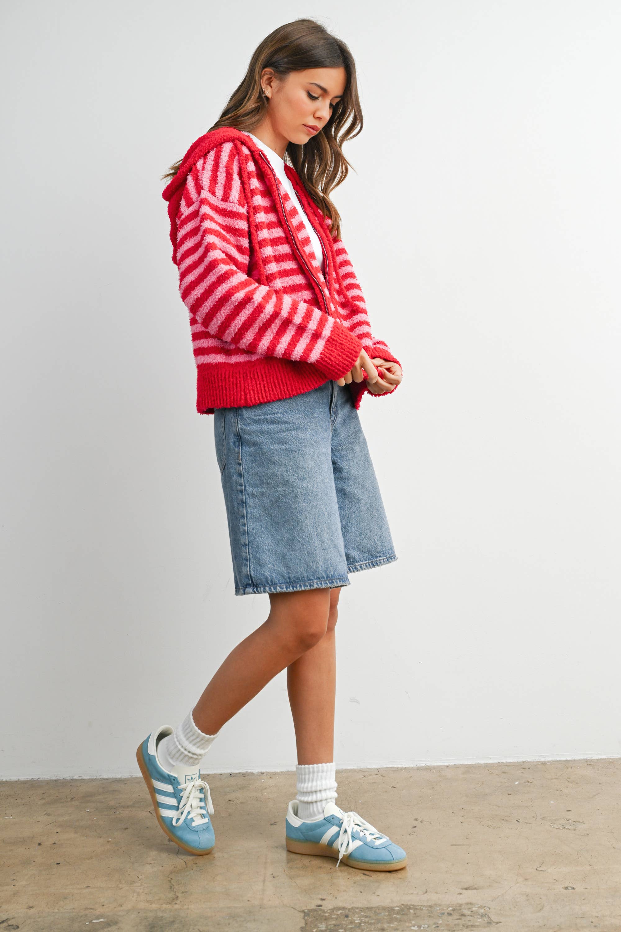 BUTTERMELON - Wholesale Knit Sweater - Women's - Striped Zip-Up Hooded Cardigan - BMC809726