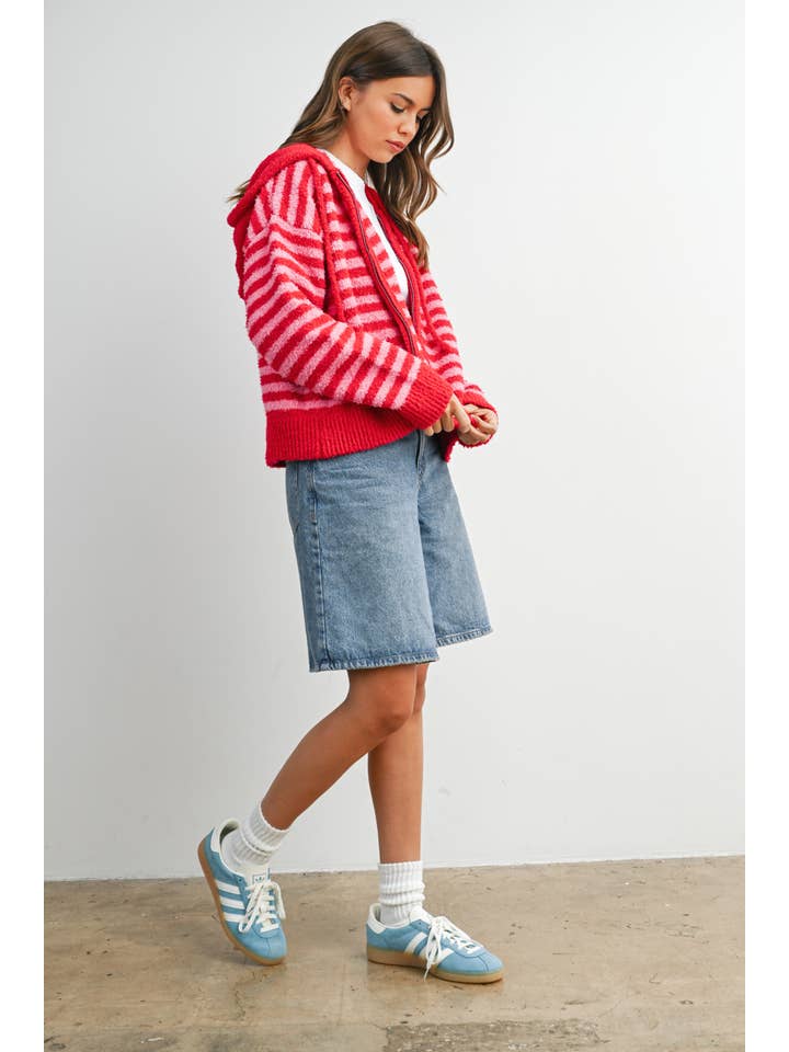 BUTTERMELON - Wholesale Knit Sweater - Women's - Striped Zip-Up Hooded Cardigan - BMC809726