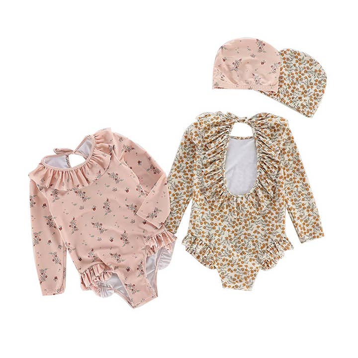 Auraquise - Vendita all'ingrosso Costume intero - Bambini - Costume intero a maniche lunghe per ragazze con orlo arricciato