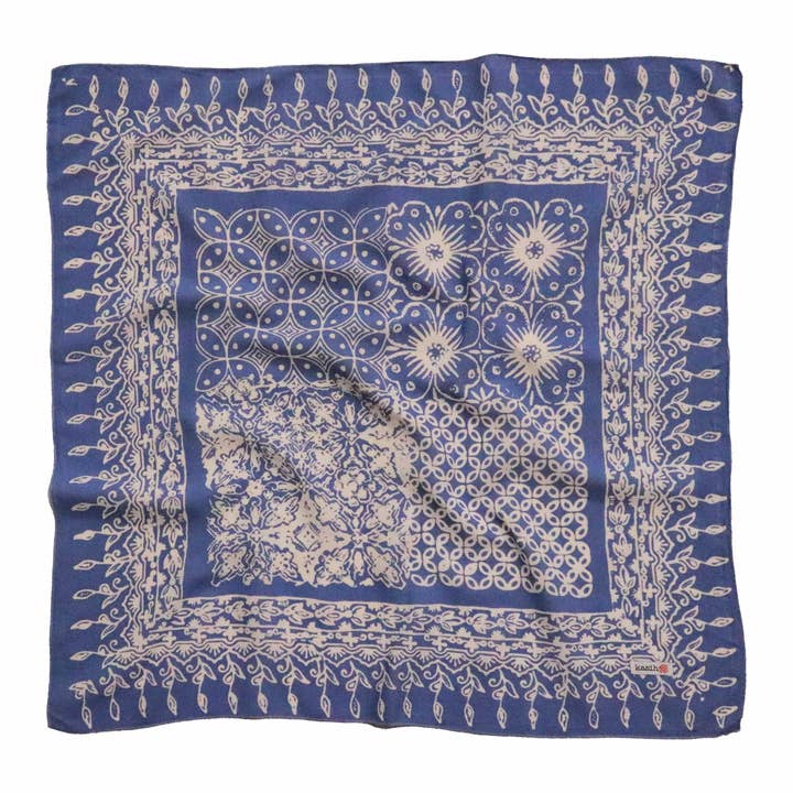 Kasih Co-op - Wholesale Bandana – Women's - Hand Dyed Batik Bandana, 100% Soft Cotton, Periwinkle Plates, Blue, Purple White2