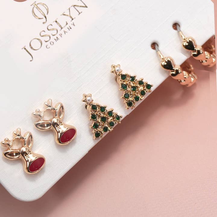GOLD CHRISTMAS TREE RUDOLPH STUD HOOP SET EARRINGS | 80E6660 for wholesale on Faire1